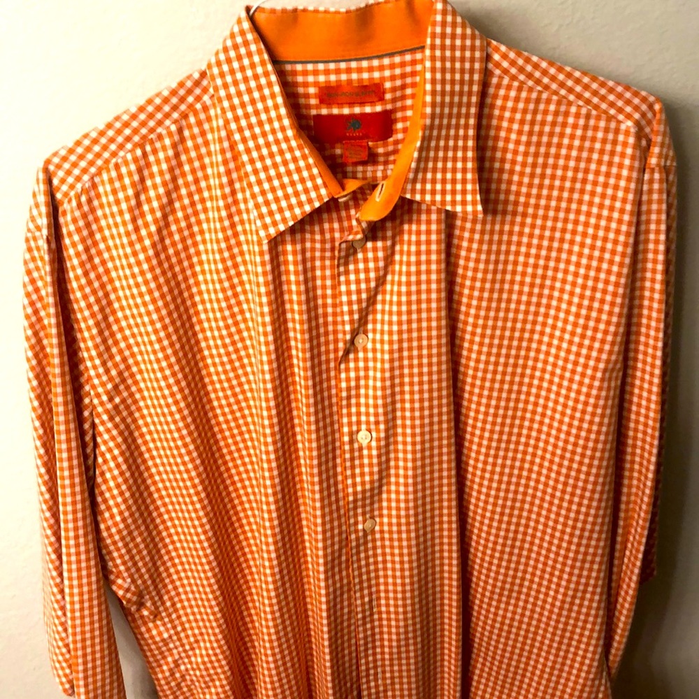 Egara orange checkered long sleeve button down shirt. Man’s XL
